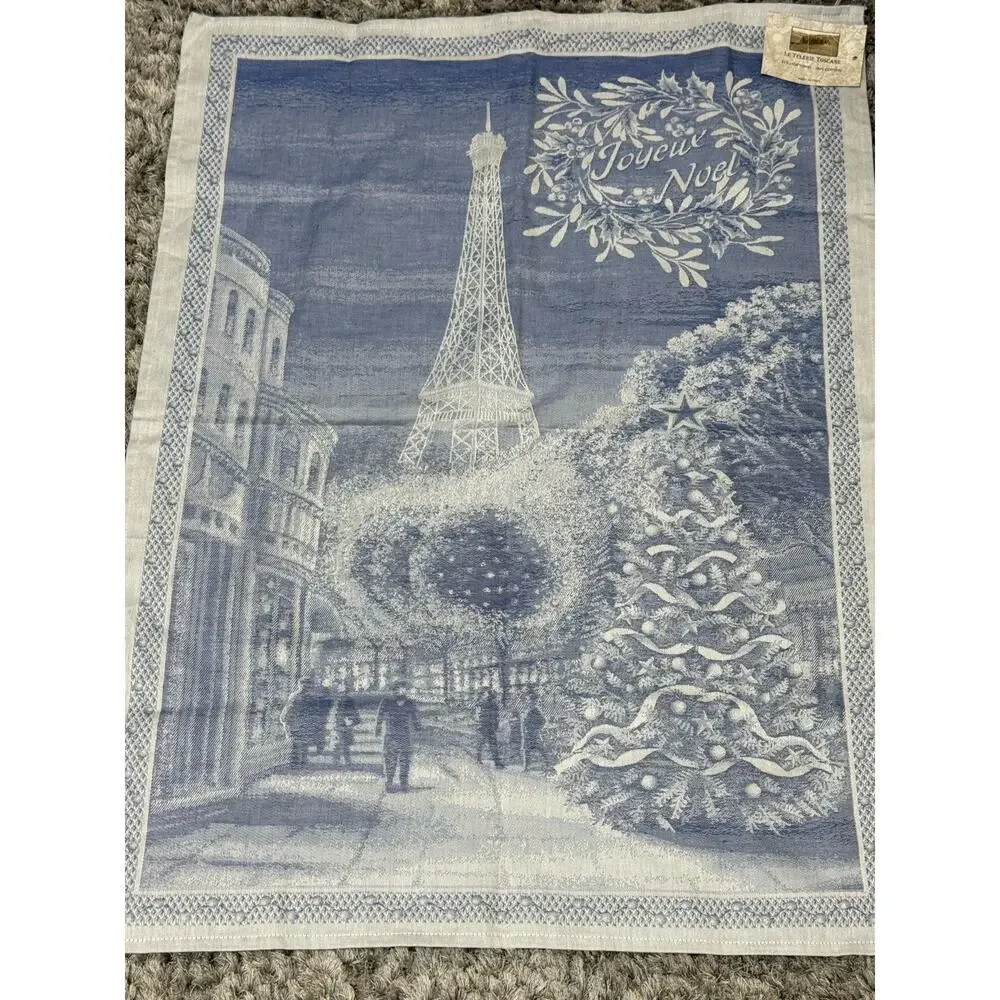 Le Telerie Toscane Joyeux Noel Blue Tea Towel NWT Eiffel Tower Paris France